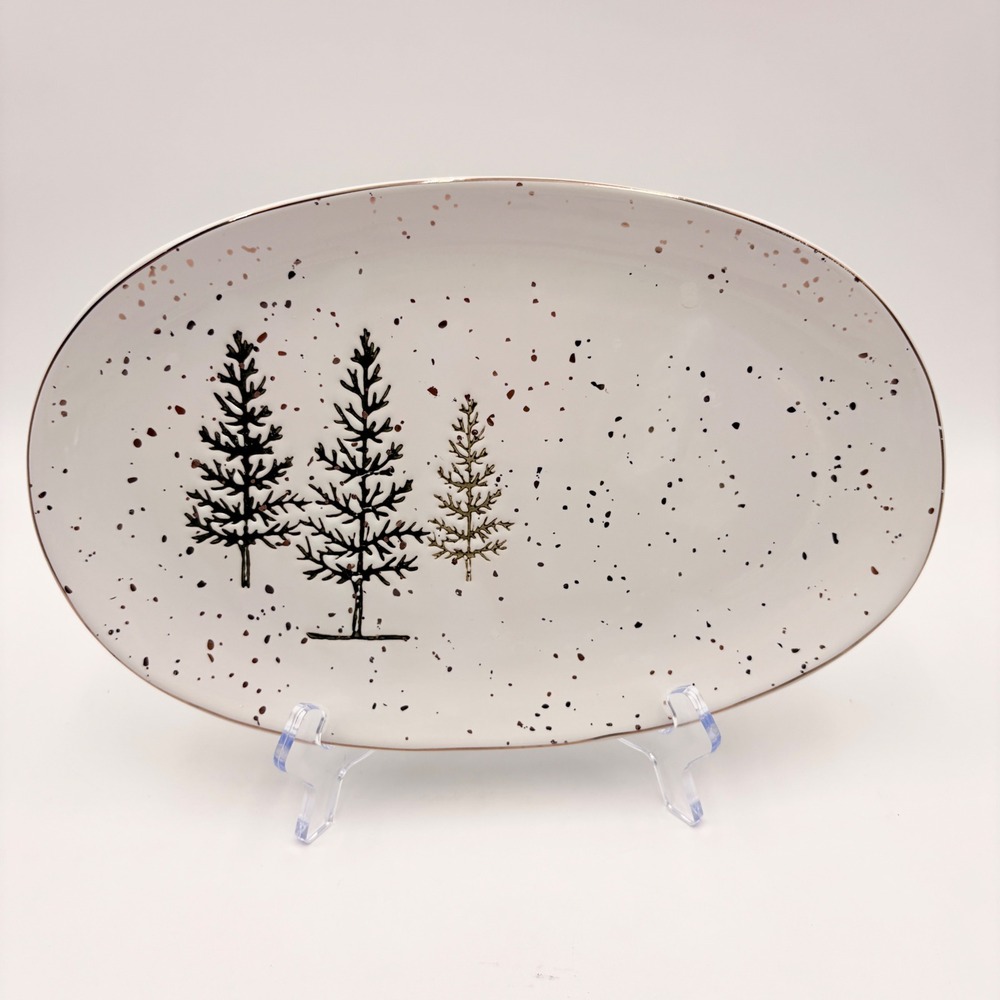 Potter's Studio Christmas Holiday Evergreen Tree Serving Platter White Speckled